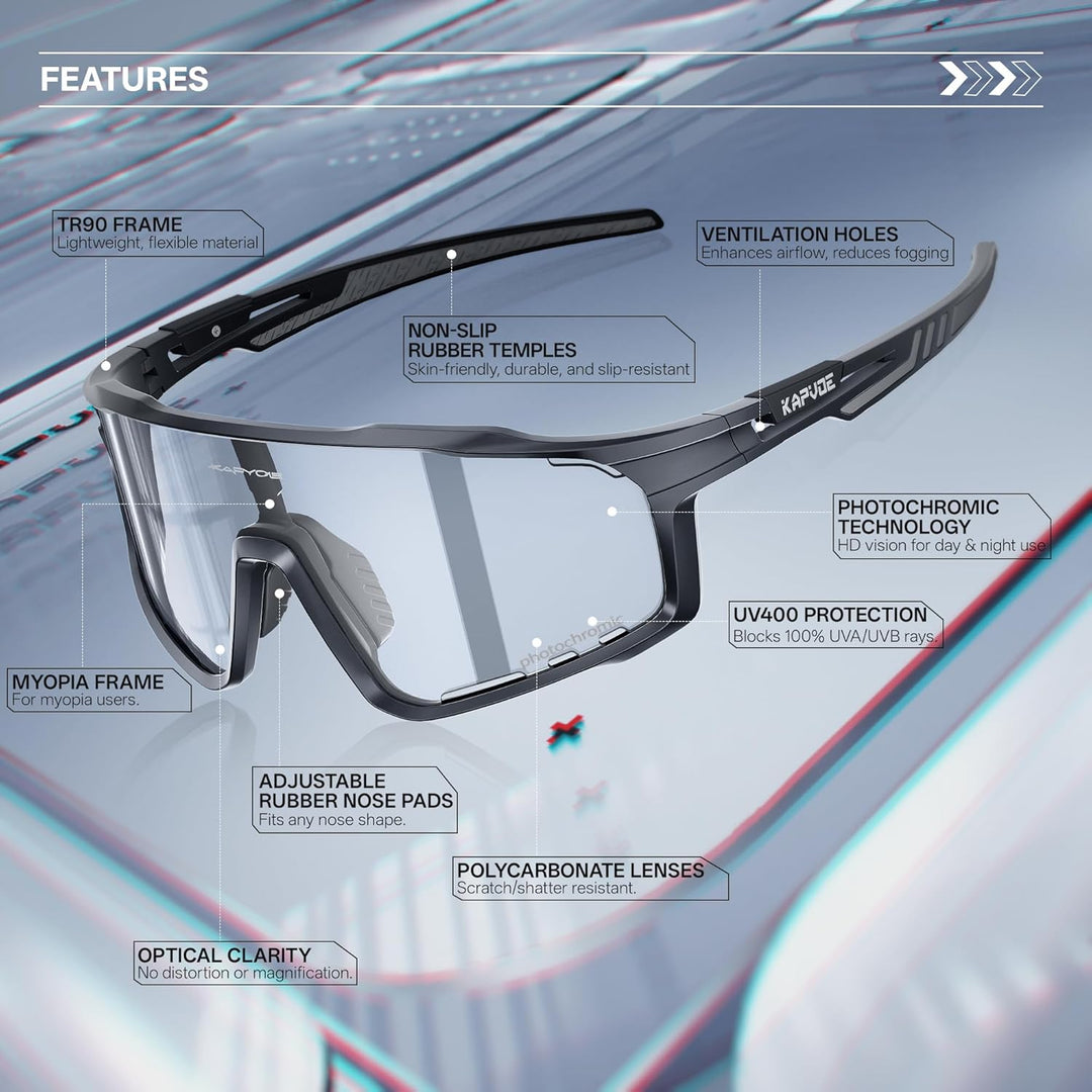 KAPVOE Photochromatische Fahrradbrille MTB Brille Selbsttönend Klar Radbrille Rennrad Sportbrille So
