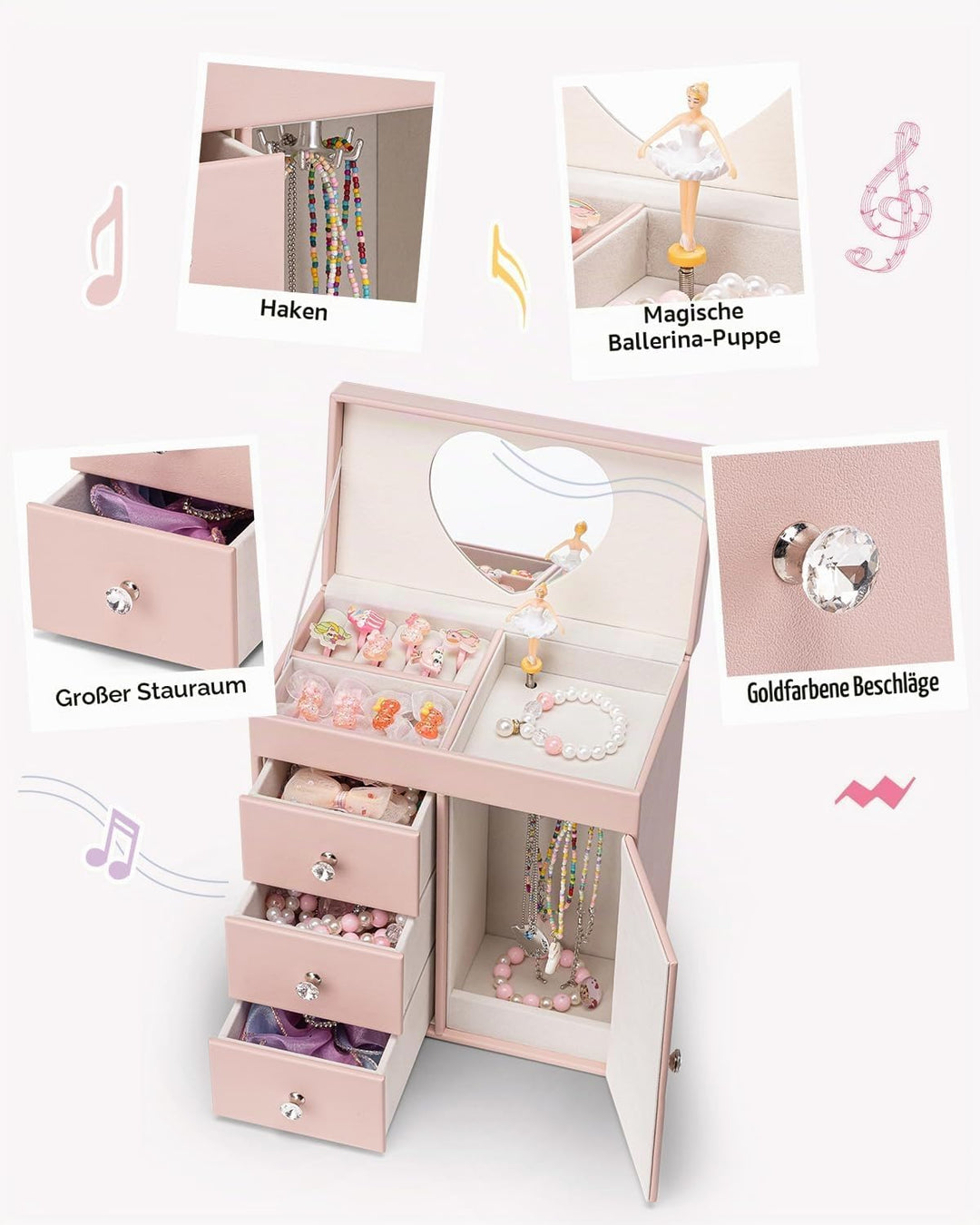 VLANDO Musical Schmuckkästchen Mädchen, grosses Kind Musik-Box mit Ballerina für Geburtstag Schlafzi