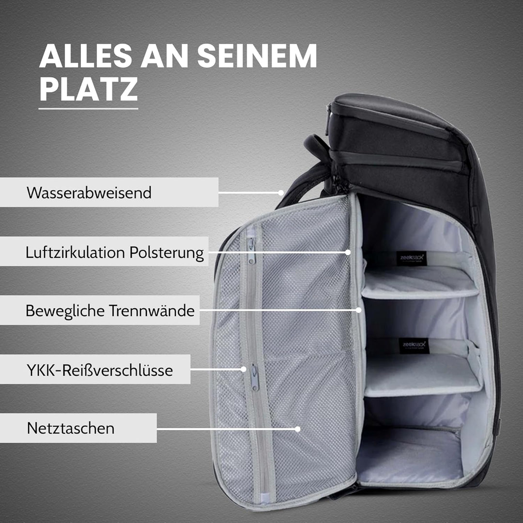 Zeeksack The Organizer - Grosser Rucksack Schwarz 40L - Wasserabweisende Reisetasche mit Laptopfach,