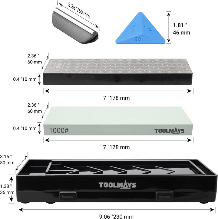 Diamant-Schleifstein Doppelseitig 400/1200# mit 1000# Messerschärfstein,Winkelführung und Aufbewahru