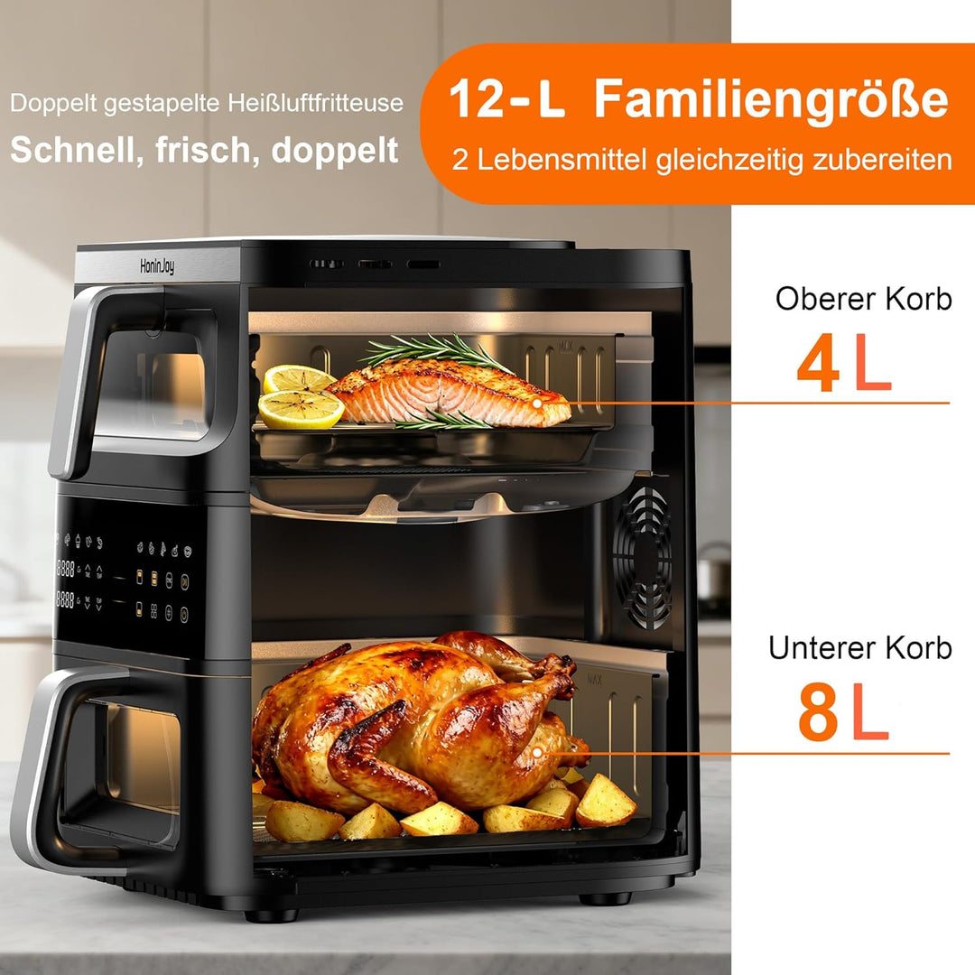 12L Air Fryer 2 Kammern,Vertikale Doppelkammer 10-in-1 Voreingestellten Programmen Heissluftfritteus