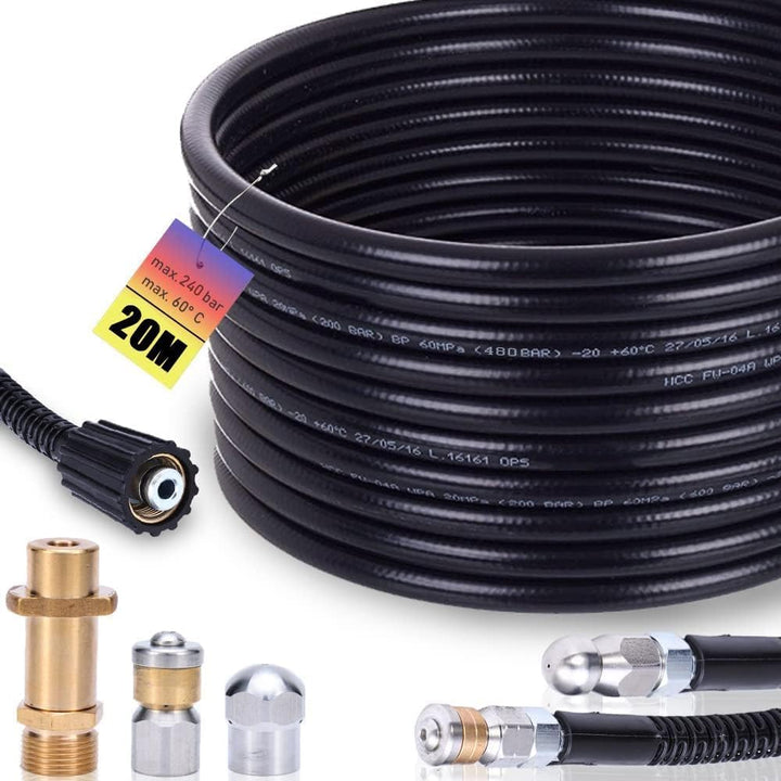 Rohrreinigungsschlauch Set 20m, 240 bar inkl. M22 Adapter, Düsen starr + rotierend für Kränzle Kärch