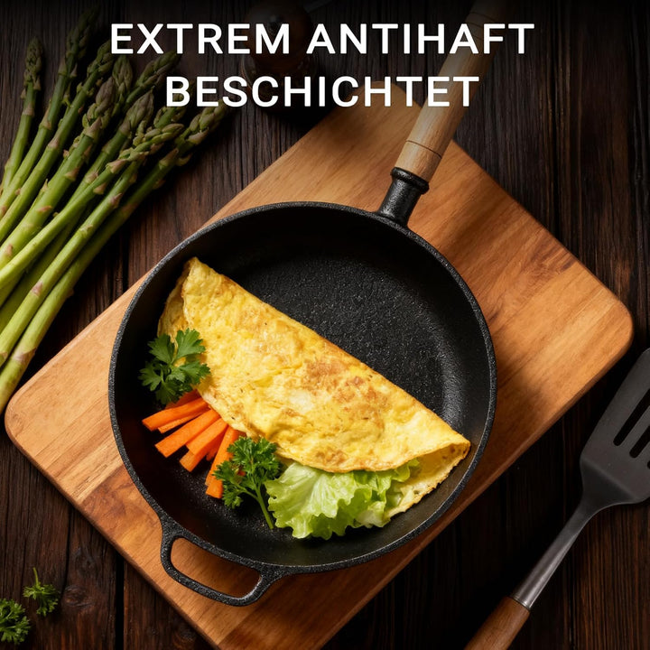 Gusseisen Pfanne 27cm Bratpfanne Grillpfanne: Ohne Beschichtung Induktion Pfanne Griff aus Massivhol