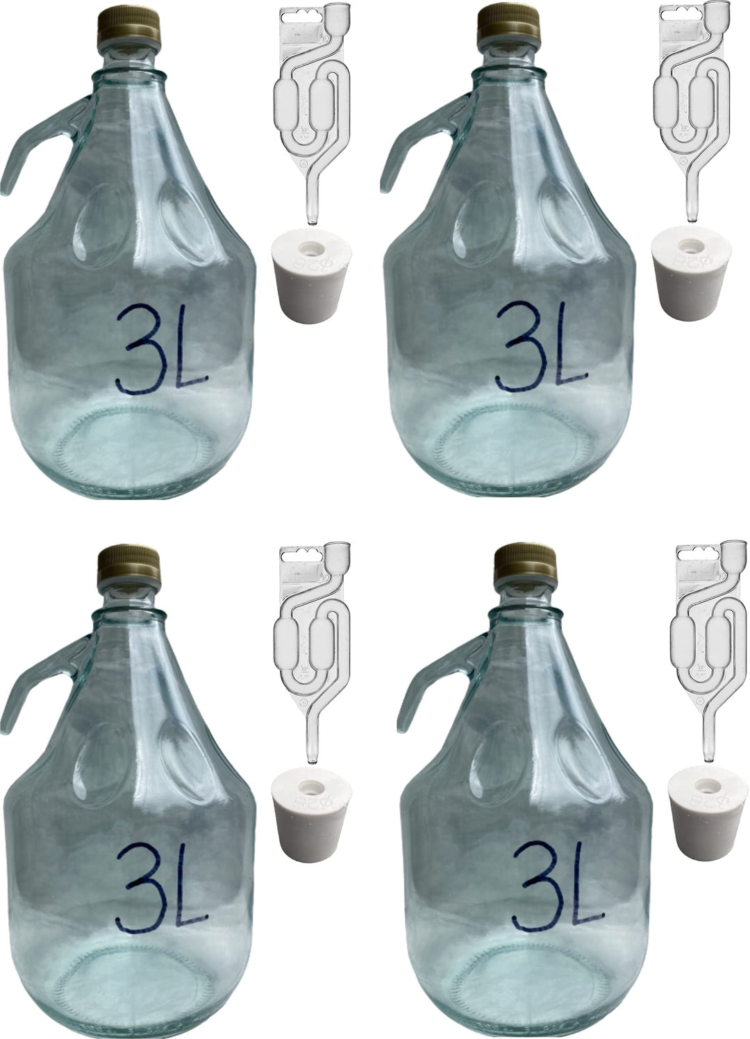 lilawelt24 4x 3L Flasche mit Schraubverschluss + Stopfen + Gärröhrchen GLASBALLON Weinballon GÄRBALL
