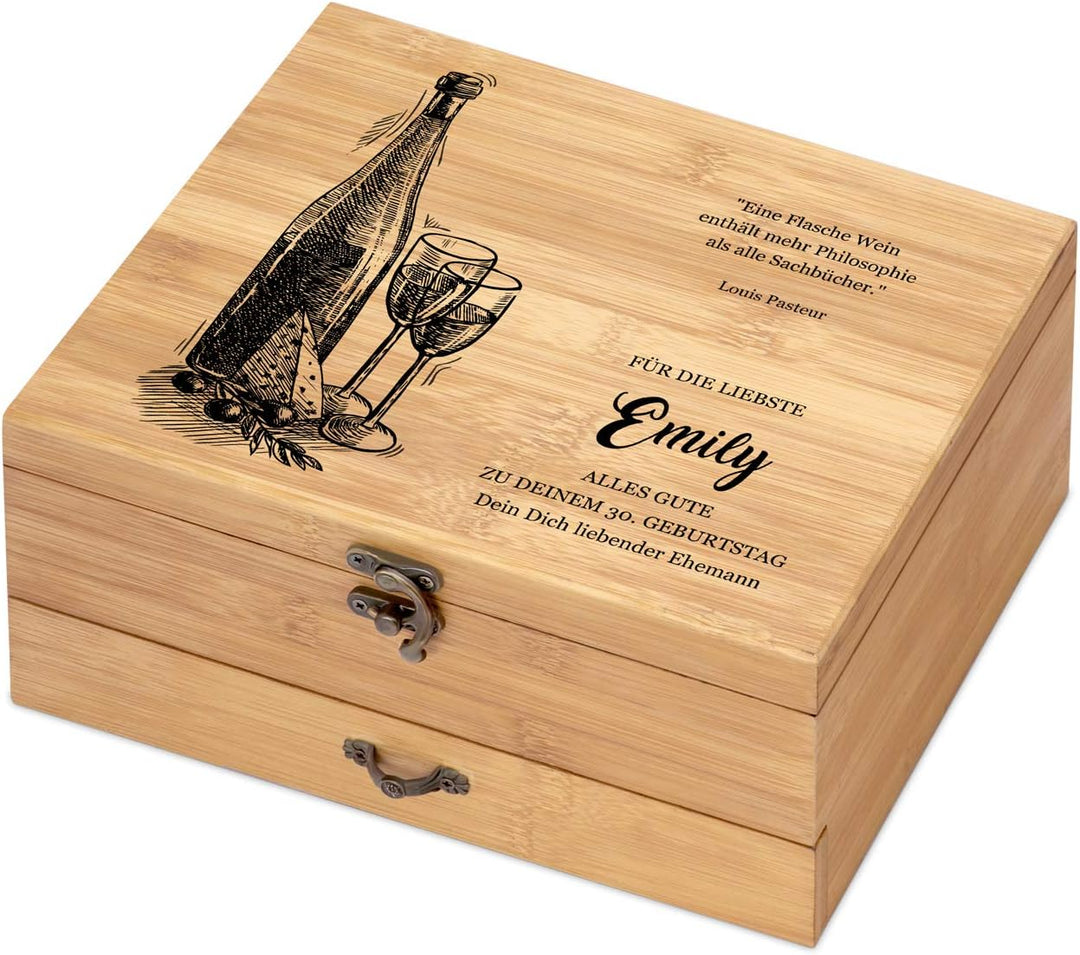 Maverton Weinöffner-Set personalisiert Weinset Sommelier Set - Geschenkbox Holzbox + 8er Weinzubehör