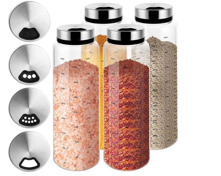 4 Stück Gewürzgläser Mit Drehdeckel 500 ML, Borosilikatglas Gewürzstreuer Mit 3 Arten Von Gewürzlöch