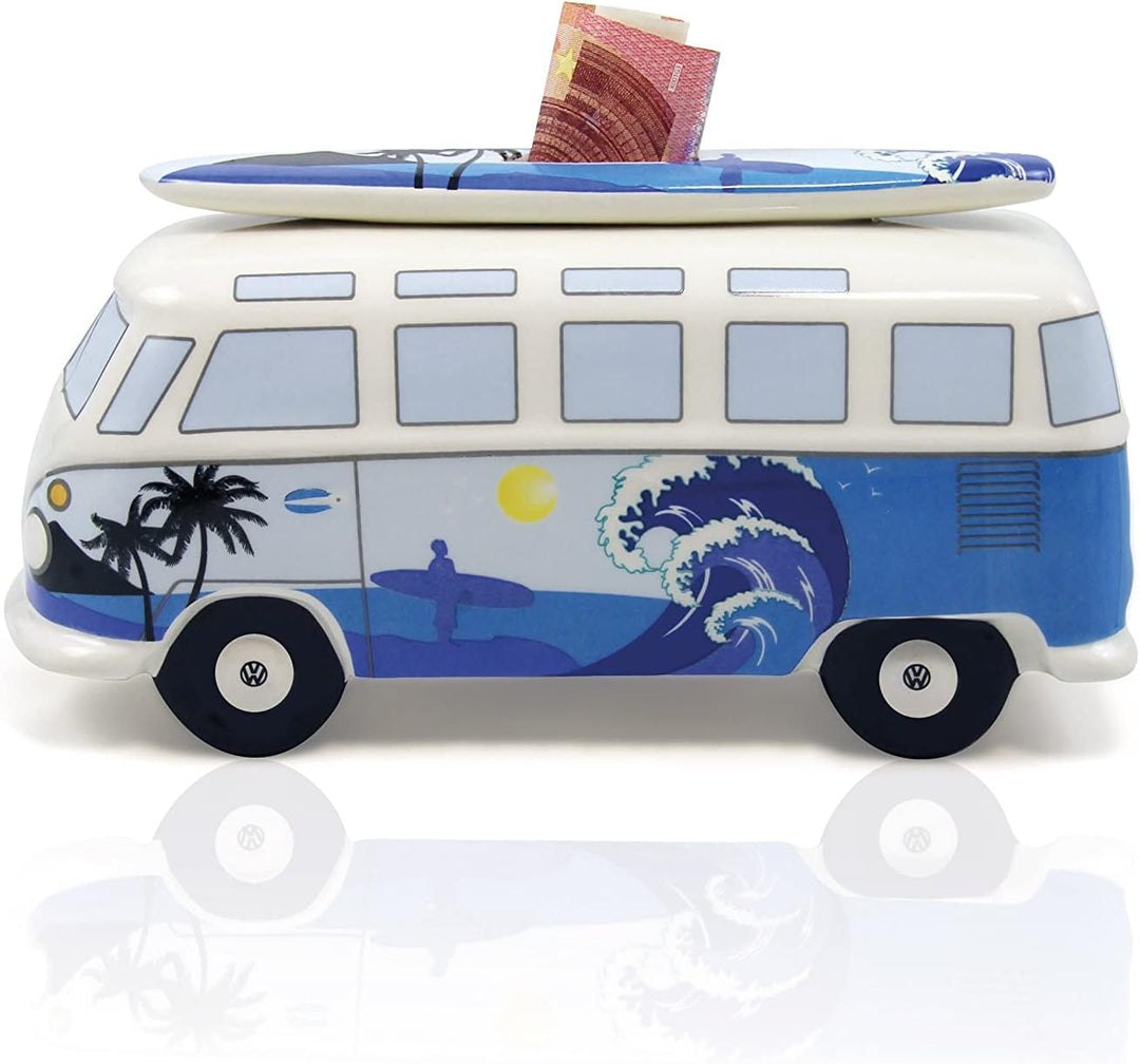 BRISA VW Collection - Volkswagen Spar-Büchse-Schwein-Dose mit Surfbrett im T1 Bulli Bus Samba Design