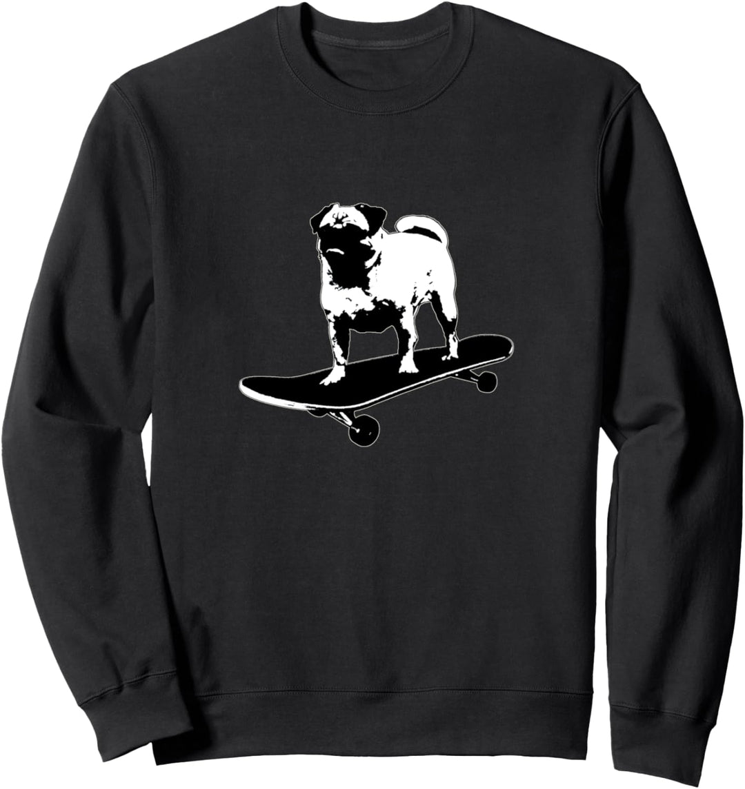 Mops auf einem Skateboard Schwarz-Weiss-Lithographie-Stil Sweatshirt