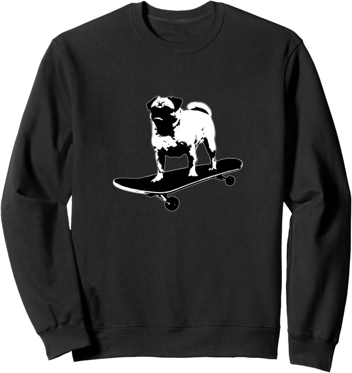 Mops auf einem Skateboard Schwarz-Weiss-Lithographie-Stil Sweatshirt