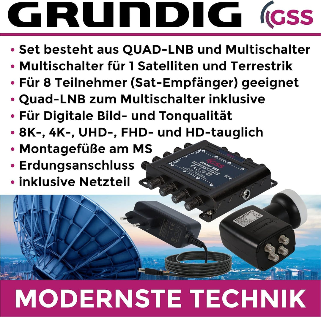 [ Test SEHR GUT *] GSS 5/8 Multischalter + GSS Grundig 4fach Quad LNB im Set, Multiswitch für 1 Sate