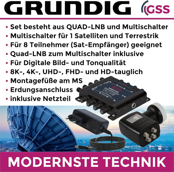 [ Test SEHR GUT *] GSS 5/8 Multischalter + GSS Grundig 4fach Quad LNB im Set, Multiswitch für 1 Sate