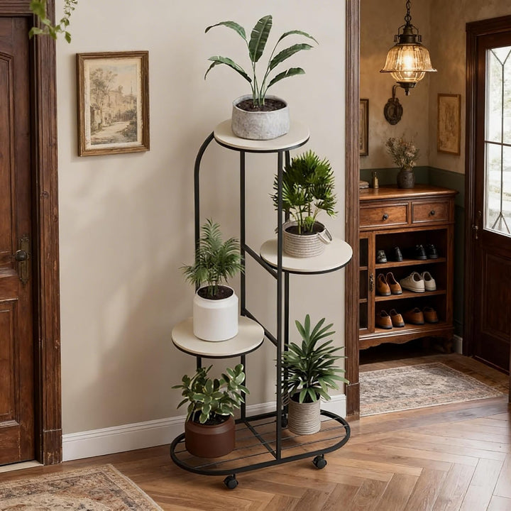 GarveeHome 4-Etagen Rollbarer Pflanzenständer, Höhenverstellbarer Blumenständer mit Rädern, Stabiler
