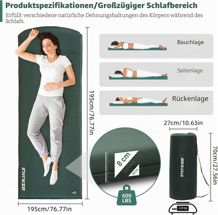 Invoker Camping Isomatte - 8 cm Ultradicker elastischer Schwamm Selbstaufblasende Campingmatte mit K
