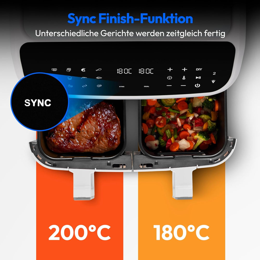 MEDION P20 XXL Heissluftfritteuse mit 2 Kammern (8,7 Liter, Airfryer, 2.600 Watt, Doppelkammer, 10 A