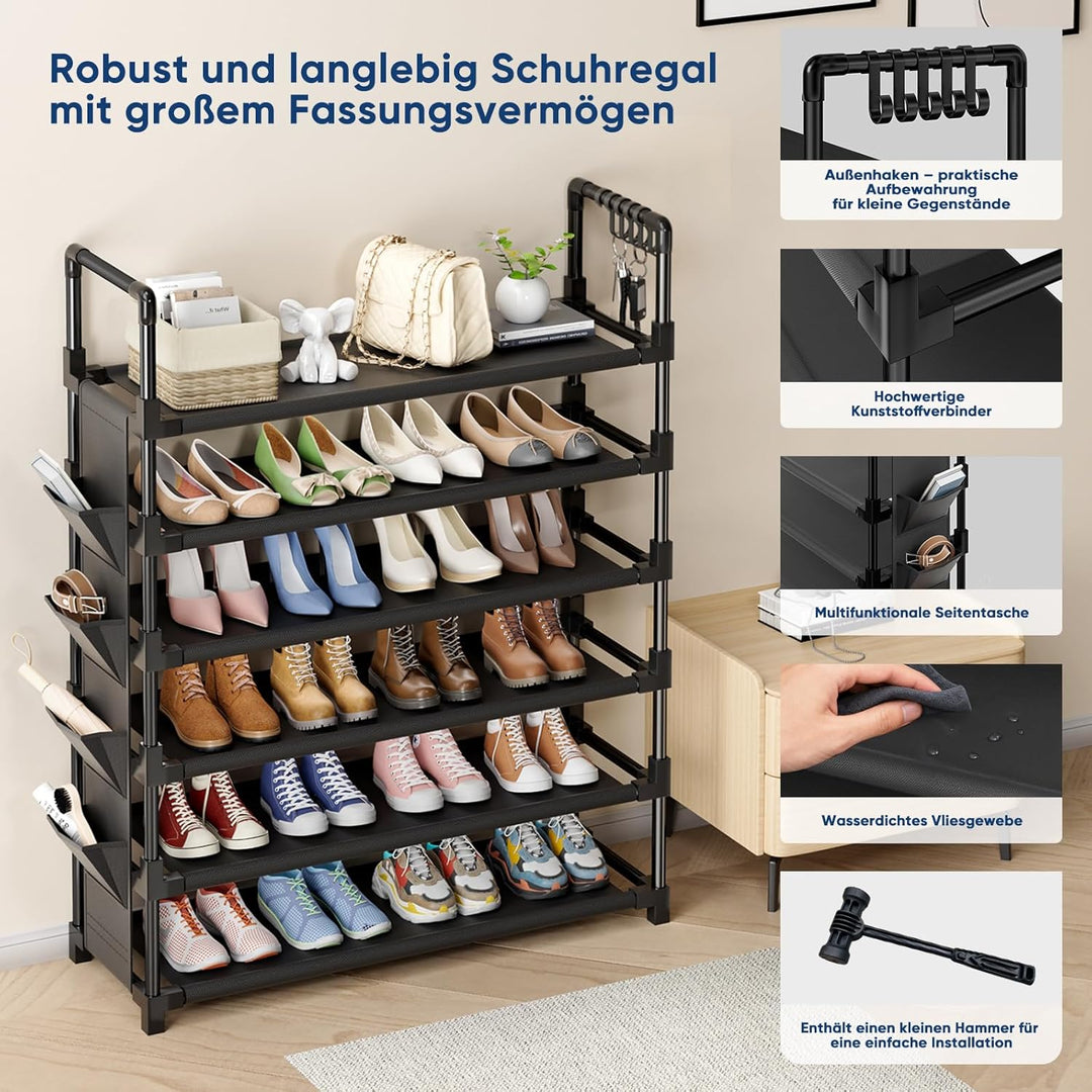 Mavivegue Schuhregal 6 Ebenen Metall, Schuhständer mit Haken und Seitentasche, Schuhaufbewahrung für