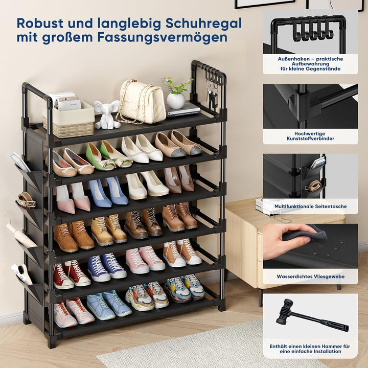 Mavivegue Schuhregal 6 Ebenen Metall, Schuhständer mit Haken und Seitentasche, Schuhaufbewahrung für