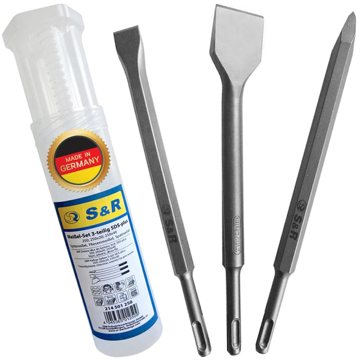 S&R Meissel-Set 3-tlg. Made in Germany in Industrie-Qualität, SDS-plus, Spatmeissel, Fliesenmeissel,