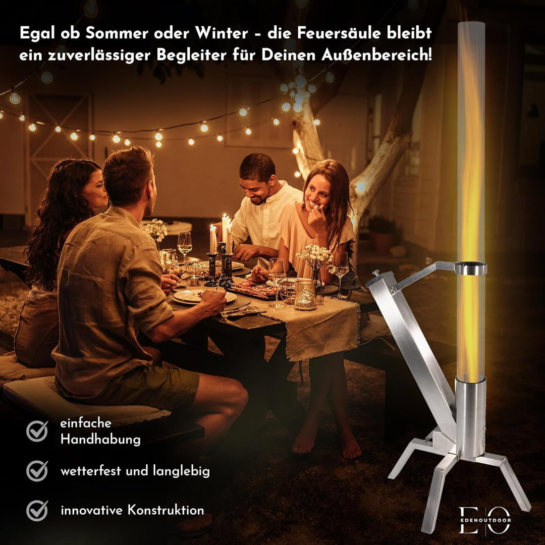 Edenoutdoor Pelletfackel Edelstahl – Feuerrohr mit Glasröhre, Feuersäule für Garten & Terrasse, deko