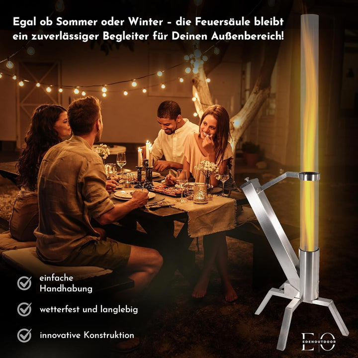Edenoutdoor Pelletfackel Edelstahl – Feuerrohr mit Glasröhre, Feuersäule für Garten & Terrasse, deko