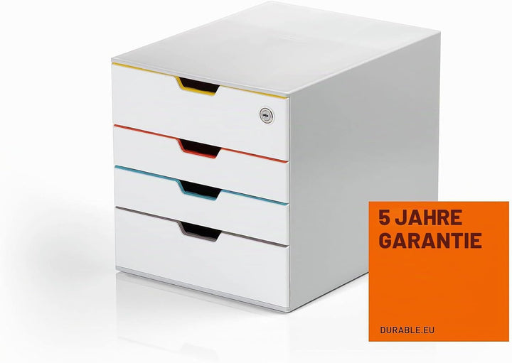 Durable Schubladenbox A4 (Varicolor Mix Safe) 4 Fächer, mit Schloss &amp; Etiketten zur Beschriftung, me