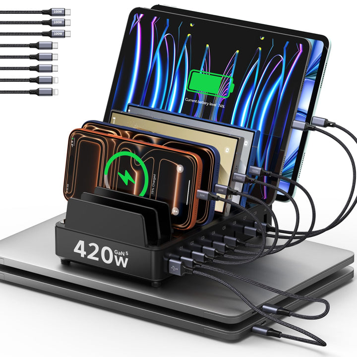420W Ladestation Mehrere Geräte USB C Charging Station, GaN PD3.0 10 Anschlüsse Handy Ladestation De