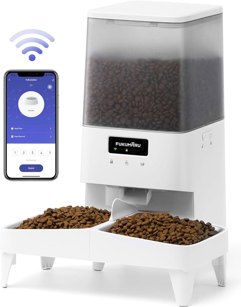 FUKUMARU Futterautomat Katze, 5L Katzen Futterautomat WiFi mit Doppelnapf, Automatischer Futterspend