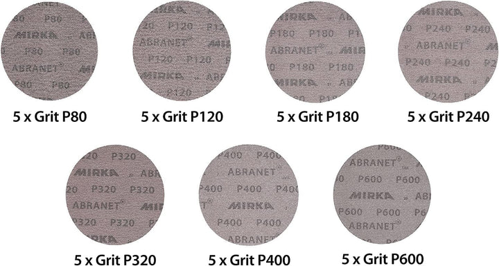 Mirka Abranet Netzschleifscheiben Ø 150mm Klett/Mix-Pack 5 von jeder Körnung 80, 120, 180, 240, 320,