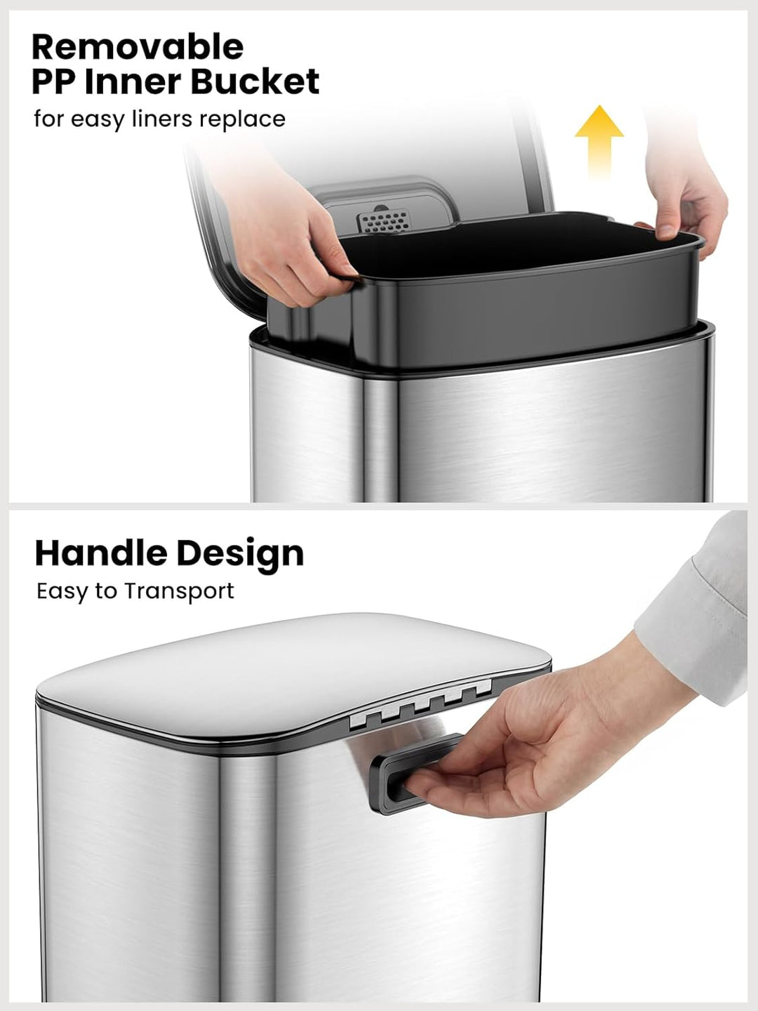 YEAUPE PRO Mülleimer Küche 50L Edelstahl, Treteimer mit Deckel Soft Close, Abfalleimer mit Herausneh