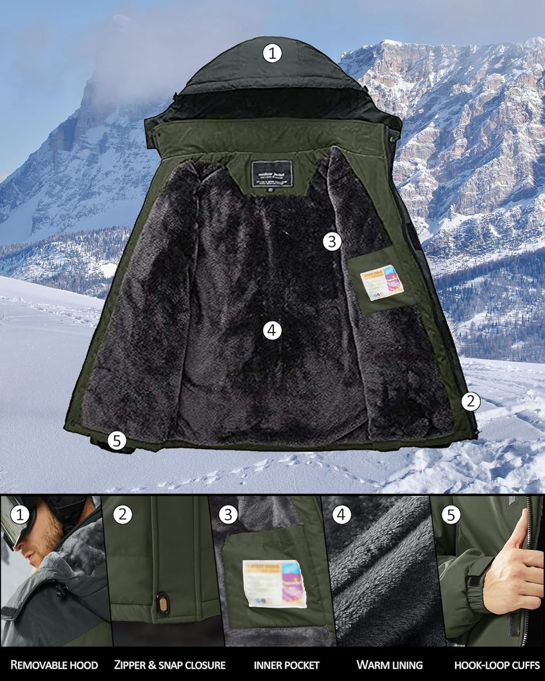 KEFITEVD Winterjacke Herren Skijacke Wasserdicht Warm Gefüttert Outdoorjacke mit Abnehmbarer Kapuze