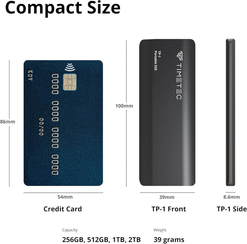 Timetec Tragbare externe SSD USB 3.2 Gen2 USB-Typ C bis zu 560 MB/s ultradünnes Flash-Aluminium-Mini