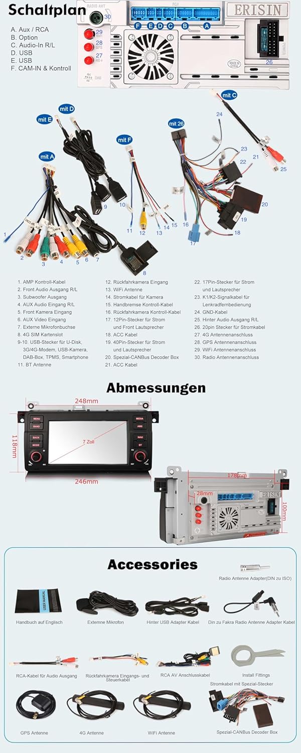Erisin Android 14 4GB+64GB 8-Kern Autoradio Bluetooth GPS Navigation für BMW 3er M3 E46 318 320 Rove