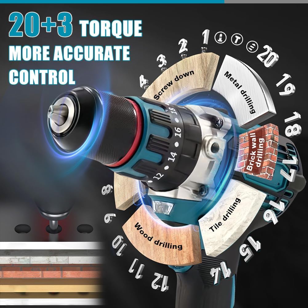 120Nm Akku Bohrschrauber Kompatibel mit Makita 18V Lithium-Akku, 20+3 Drehmomentstufen Bürstenloser