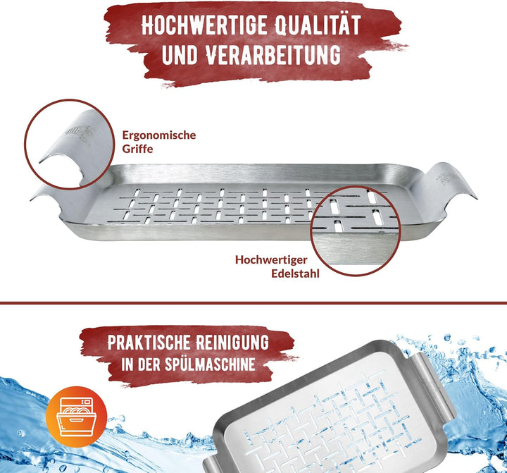 grillart® Premium Grillschale Edelstahl (2er Set), Fisch Grillkorb und Grillschale für Spiesse verwe
