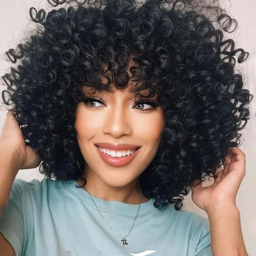 PORSMEER Lockige Afro Perücke Damen Volle flauschig Haar Kinky Curly Bob Black Wig volume mit Pony f