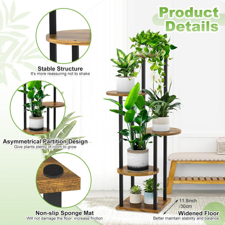 YOCOMEY 5 Tier Hölzern Blumenregal Metall Pflanzenregal, Mehrstöckig Blumenständer Pflanzenständer B