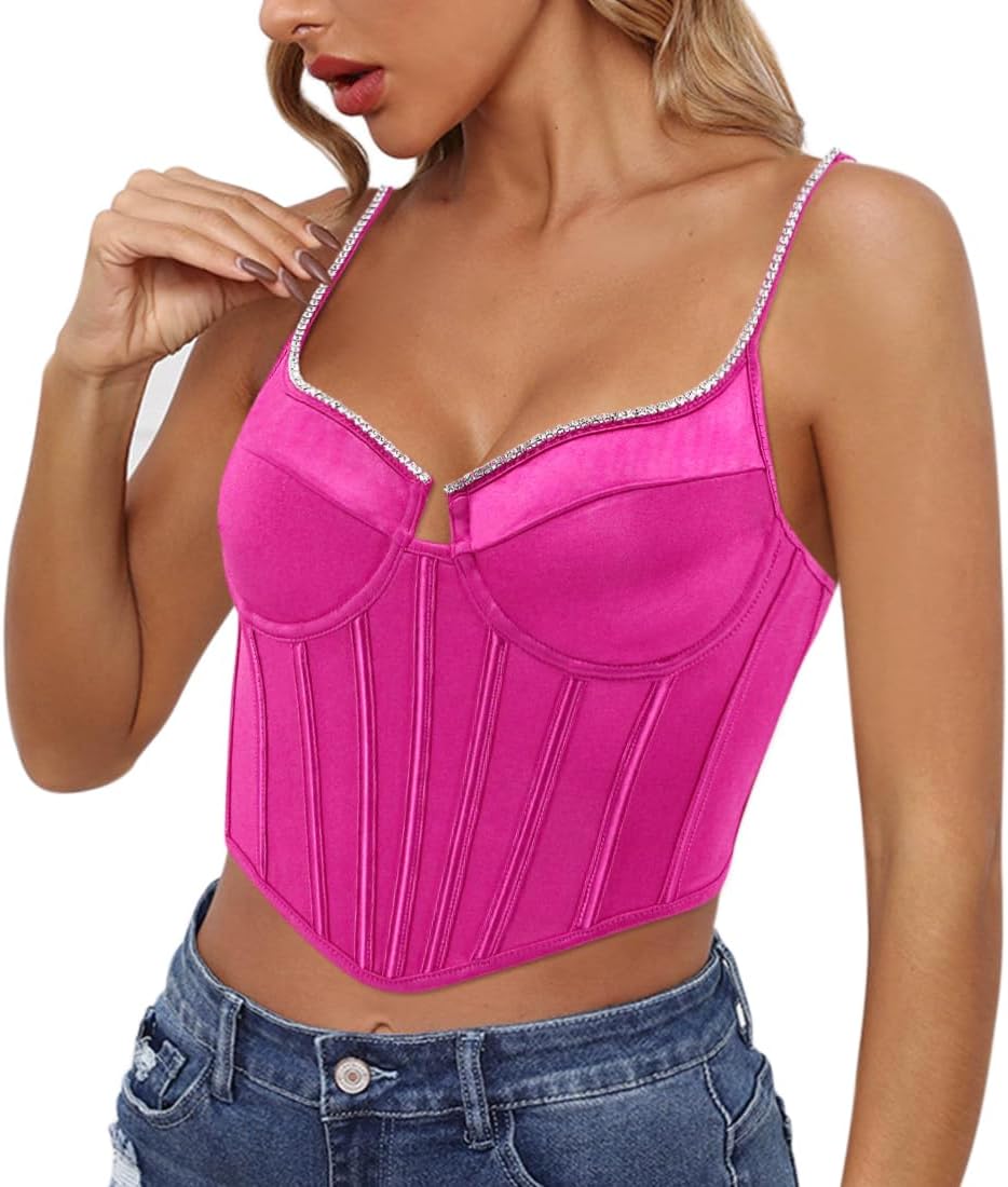 Naimo Damen Seide Satin Top Strass Korsett Bustier Cami Sexy Ärmellos Spaghettiträger Crop Tank Top