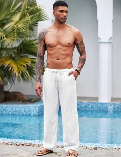 COOFANDY Herren Hose Lange Leinenhose Leicht Sommerhose Strandhose Elastische Taille Hosen Männer Fr