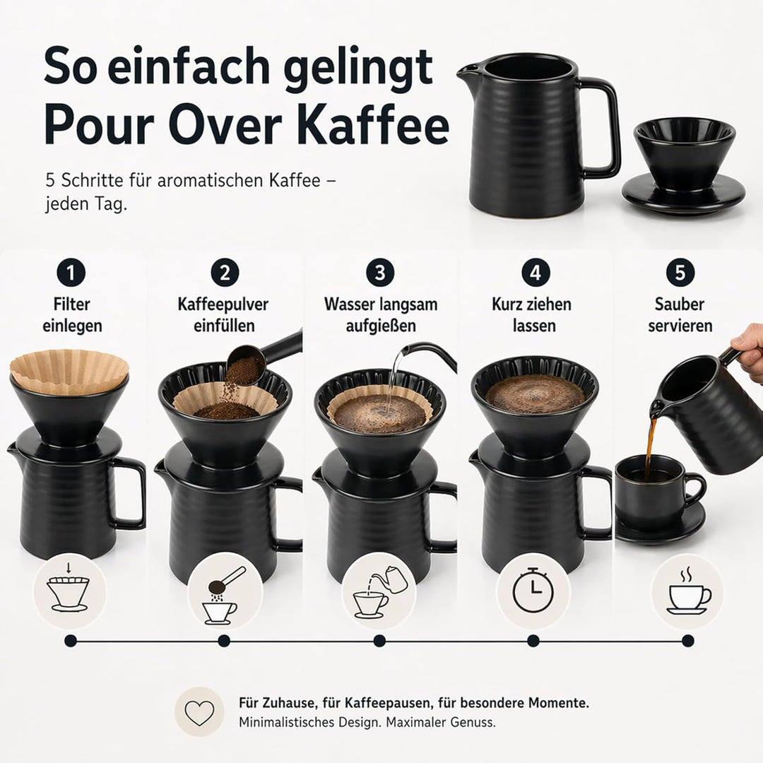 Keramik Kaffeebereiter Kaffeekanne mit Kaffeefilter - Handfilter Kaffee Set in Schwarz Hitzebeständi