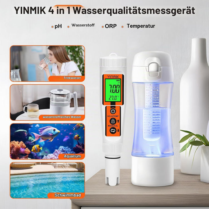 Wasserstoff Wassertester, YINMIK Wasserstoff Wasserflasche, Digitales 4 in 1 pH ORP Messgerät und Wa
