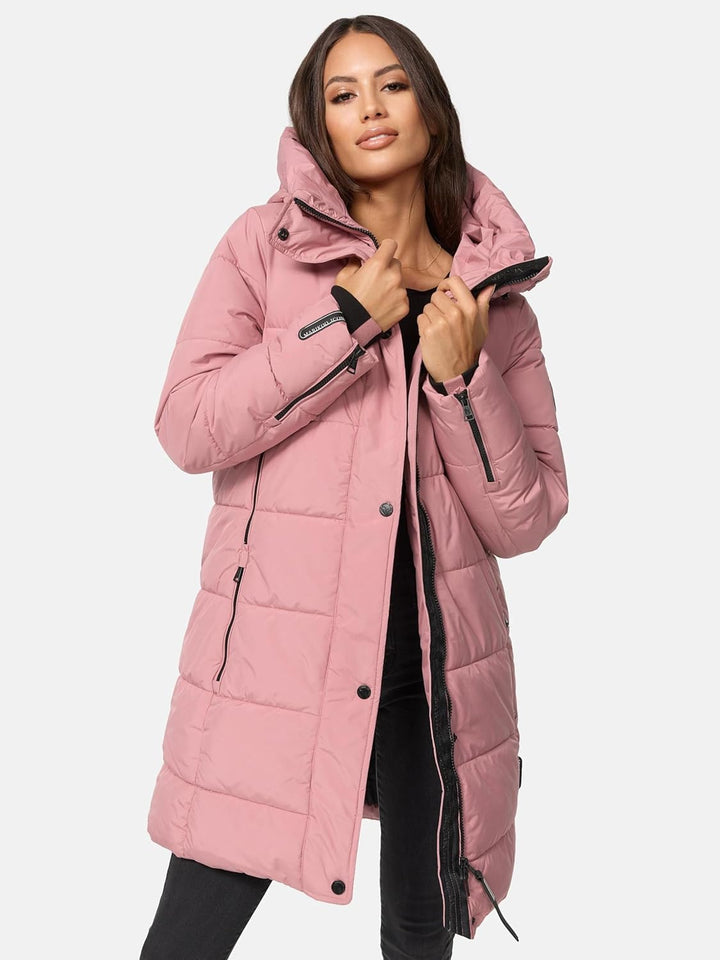 MARIKOO Damen Wintermantel Warmer Steppmantel lang mit Kapuze und hohem Kragen Karumikoo XVI XS-3XL