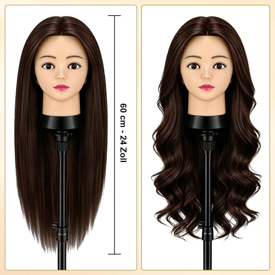 TwoWin 60 cm Trainingsköpfe Friseur, 24 Zoll Frisierkopf mit 80% Echthaar Rotbraun, Rotbraun
