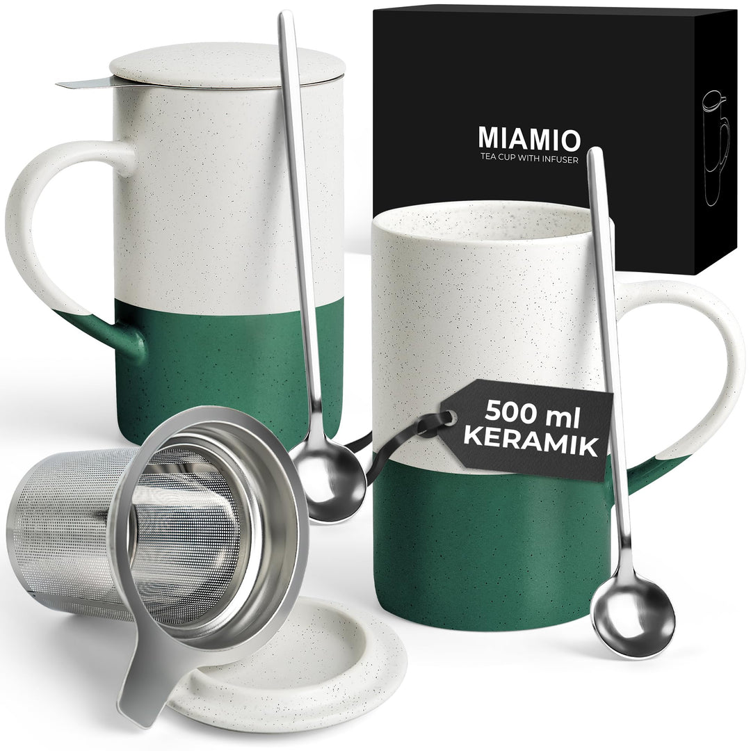 MIAMIO - Tee Tassen Set 2 x 500 ml mit Deckel und Sieb/Keramik Tee Becher mit Teeei und Löffel für d