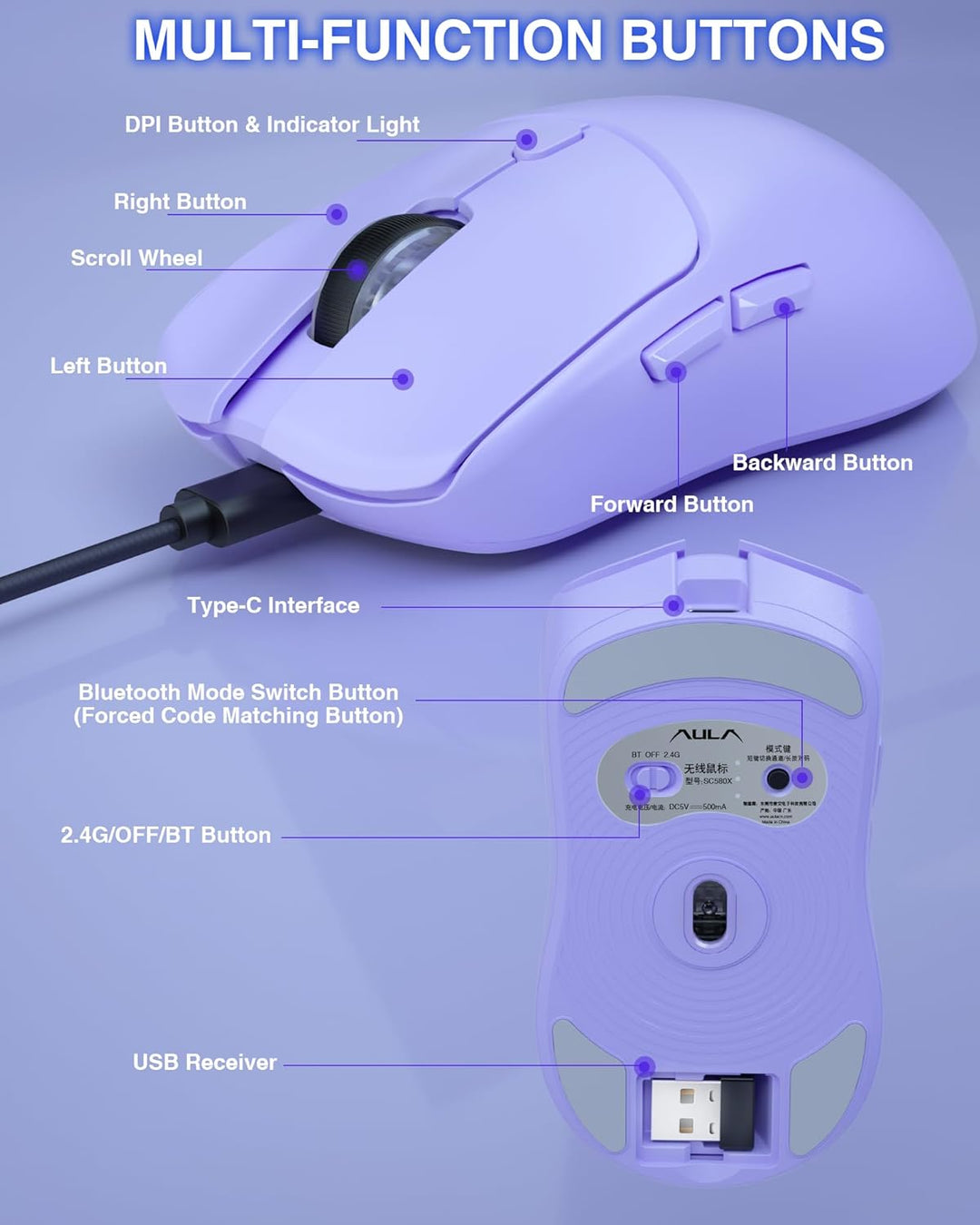 AULA SC580 Gaming Maus Kabellos,2.4GHz/USB-C/BT Wireless Gaming Mouse,12000DPI,6 Programmierbare Tas