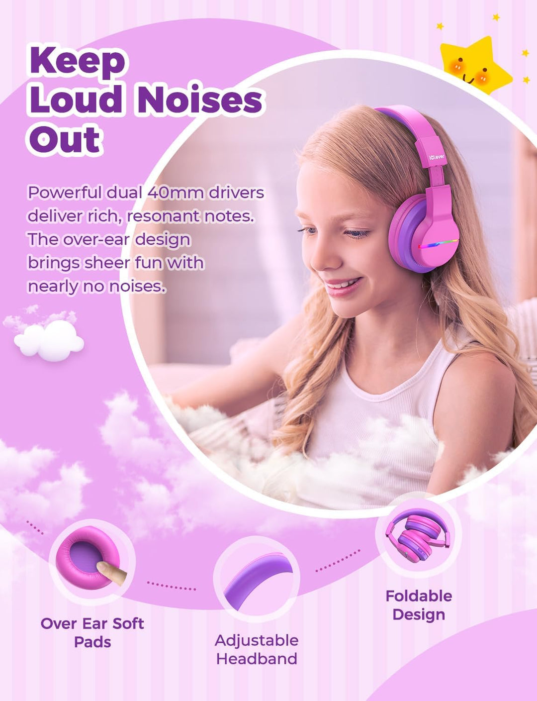 iClever Bluetooth Kinder Kopfhörer, Farbige LED-Leuchten, Kinderkopfhörer Over-Ear mit 74/85/94dB La