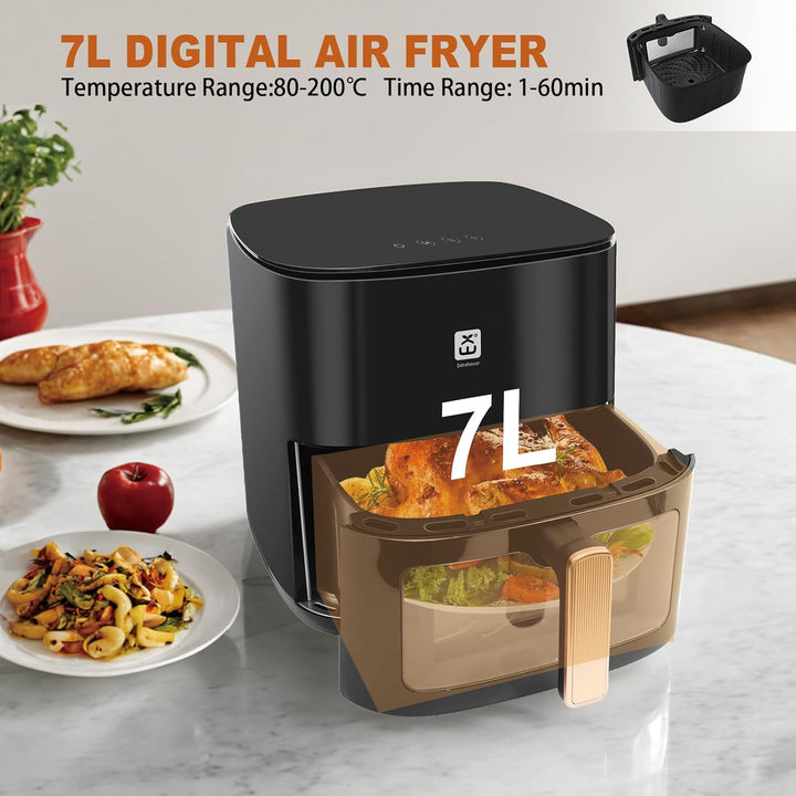 Heissluftfritteuse 7L, XXL Luftfritteuse ohne Öl mit Sichtfenster, Touchscreen, 1800W, 8 Voreinstell