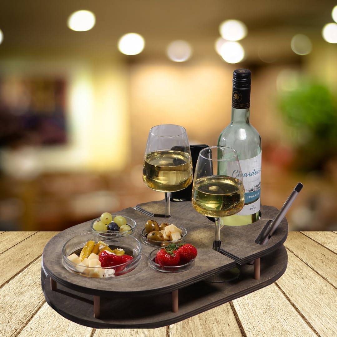 Couchbar Weinbar in grau mit 4 Glasschalen | PERSONALISIERBAR | Snackbox für Wein mit Getränkehalter