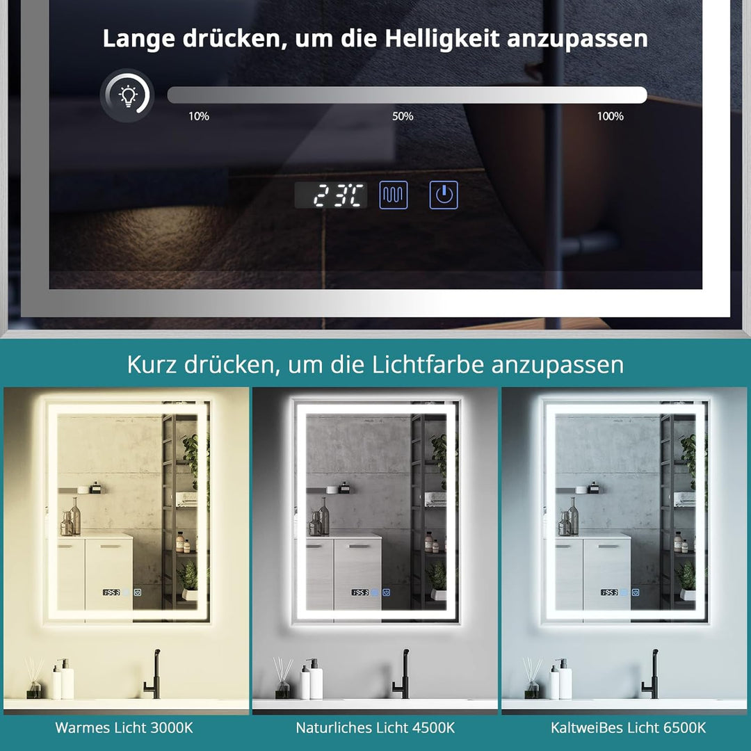 YOURLITE Badspiegel mit Beleuchtung 60x80cm, LED Spiegel Bad mit Uhr, 3 Lichtfarben Dimmbar, Badezim
