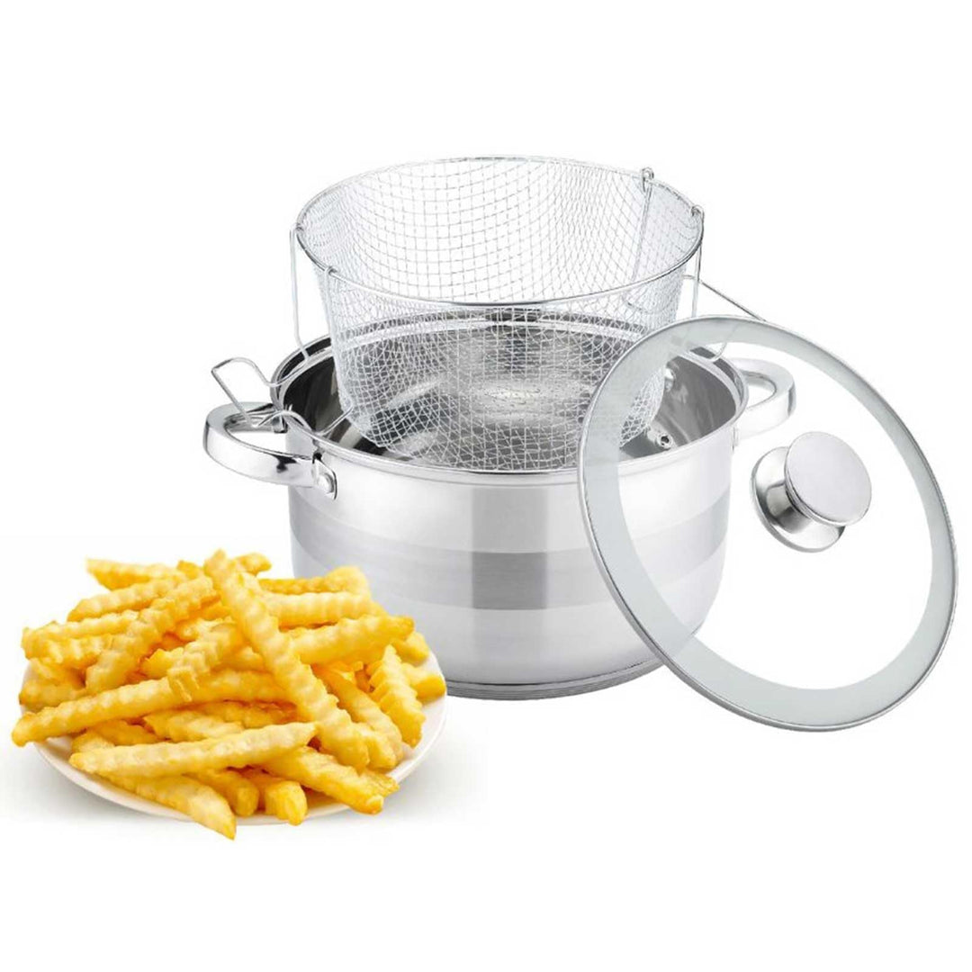 Frittiertopf 6,5 L aus Edelstahl mit Glasdeckel Induktion Korb Fritteuse Ø24 Friteuse Frites Frittie