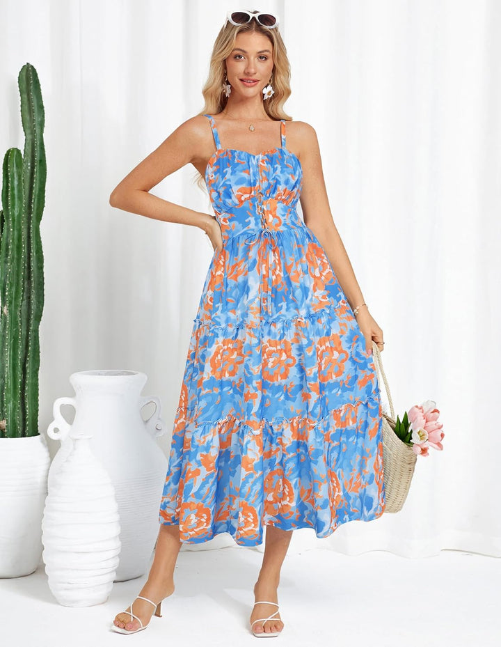 GRACE KARIN Damen Sommerkleid A-Linie Blumenkleid Casual Strandkleid Trägerkleid Midi Boho Kleid Fre