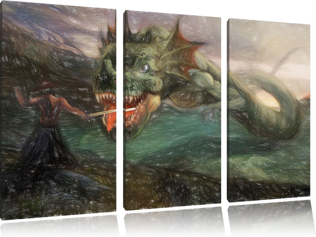 Pixxprint Drache kämpft gegen Krieger / 3-Teilig/Gesamtmass 120cm Leinwandbild bespannt auf Holzrahm